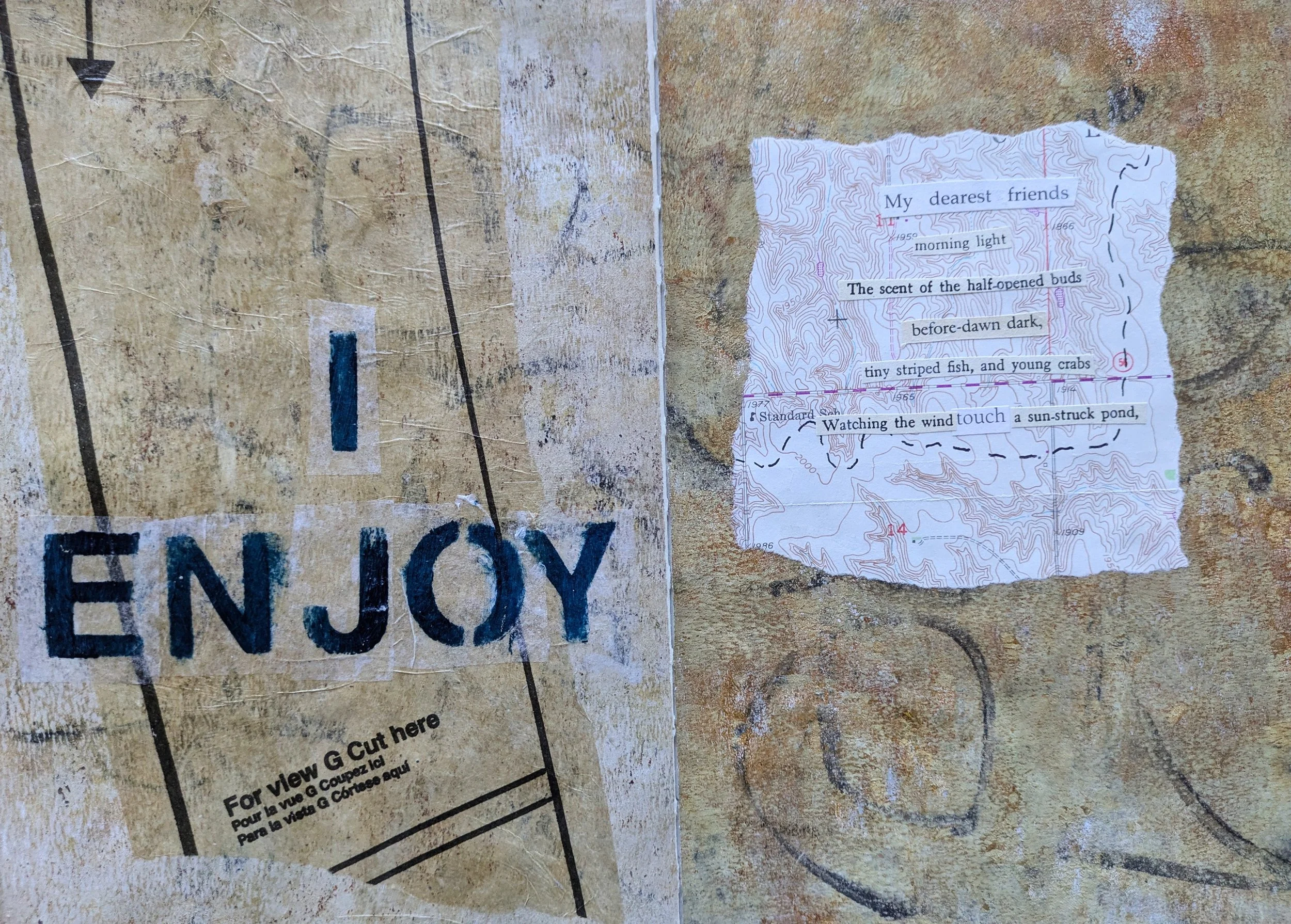 A collage featuring a torn weathered newspaper with the word 'ENJOY' in large blue letters, and a separate crumpled piece of paper with a handwritten poem or note about nature, lakes, flowers, and wind, on a textured surface.