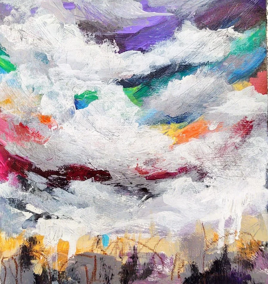 Abstract colorful painting with a mix of white, purple, blue, green, red, pink, yellow, black, and orange brushstrokes.