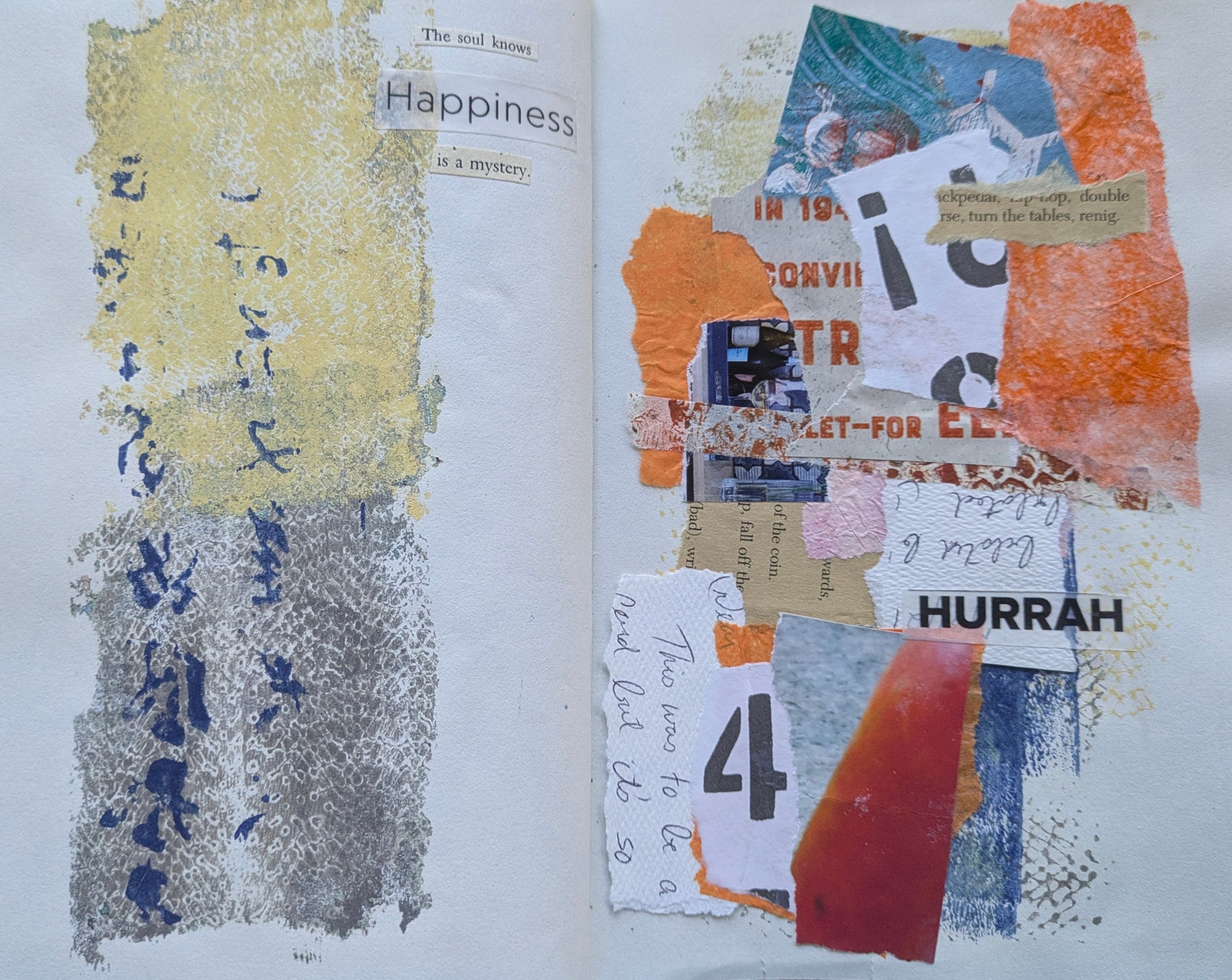 A collage of torn paper, text snippets, and textured paint on paper. Includes printed words like 'Happiness,' 'Hurrah,' and handwritten notes.