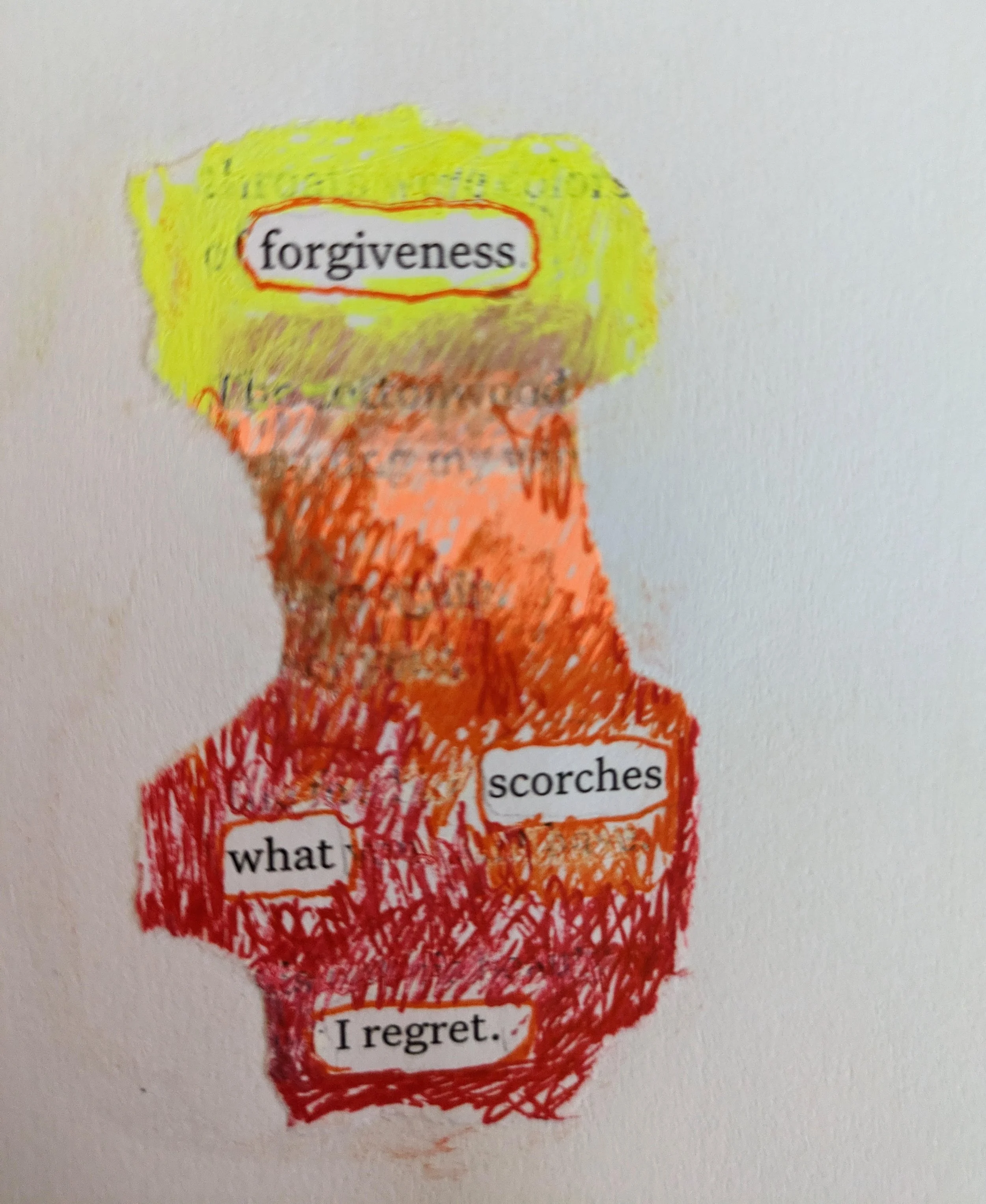 A colorful drawing of a human head with the words 'forgiveness', 'scorches', 'what', and 'I regret' written on it.
