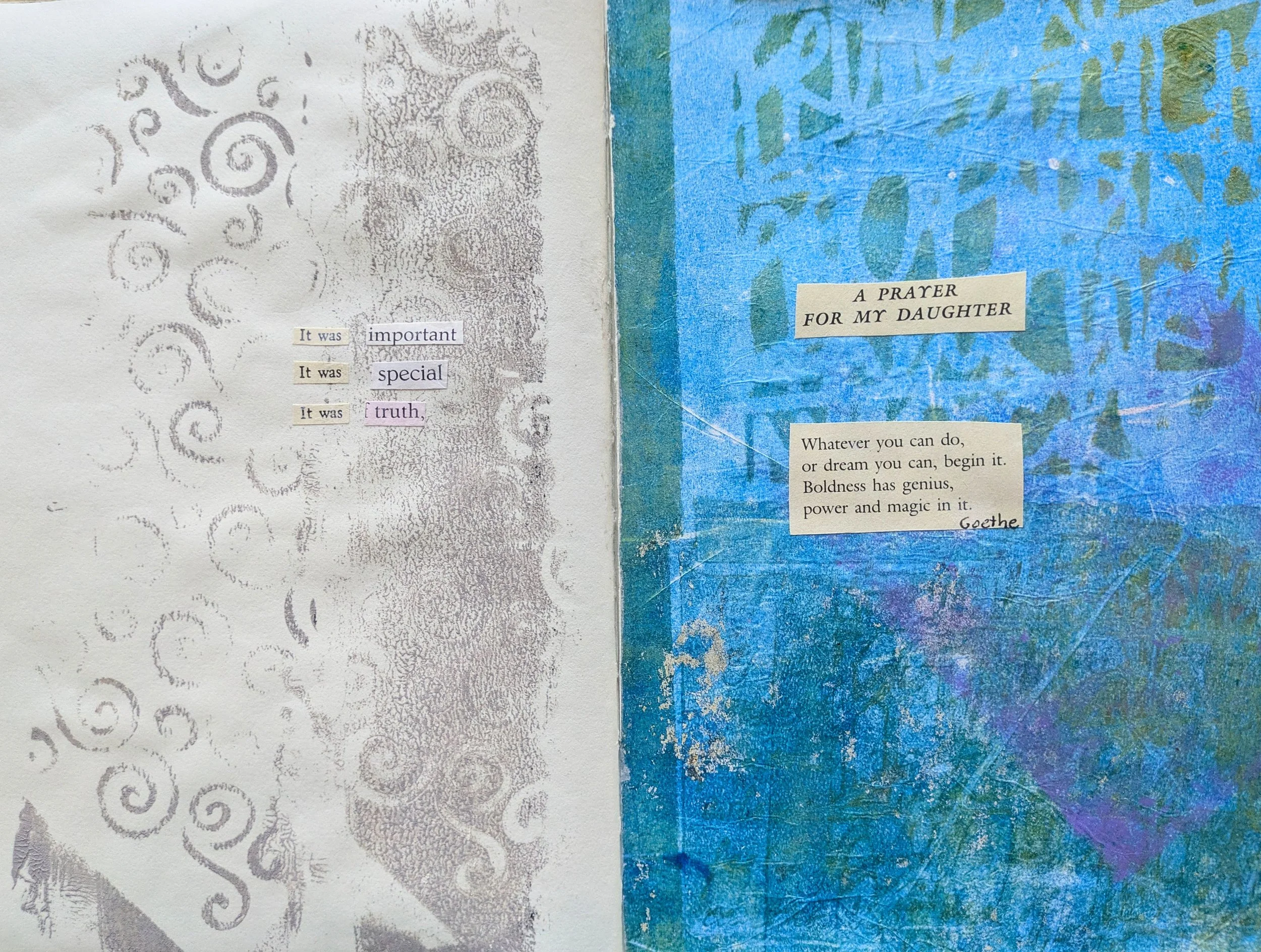 A mixed media art piece with three cut-out text snippets. The left side has highlighted words: 'It was important,' 'It was special,' and 'It was truth.' The right side has a blue textured background with two snippets of text: 'A prayer for my daughte