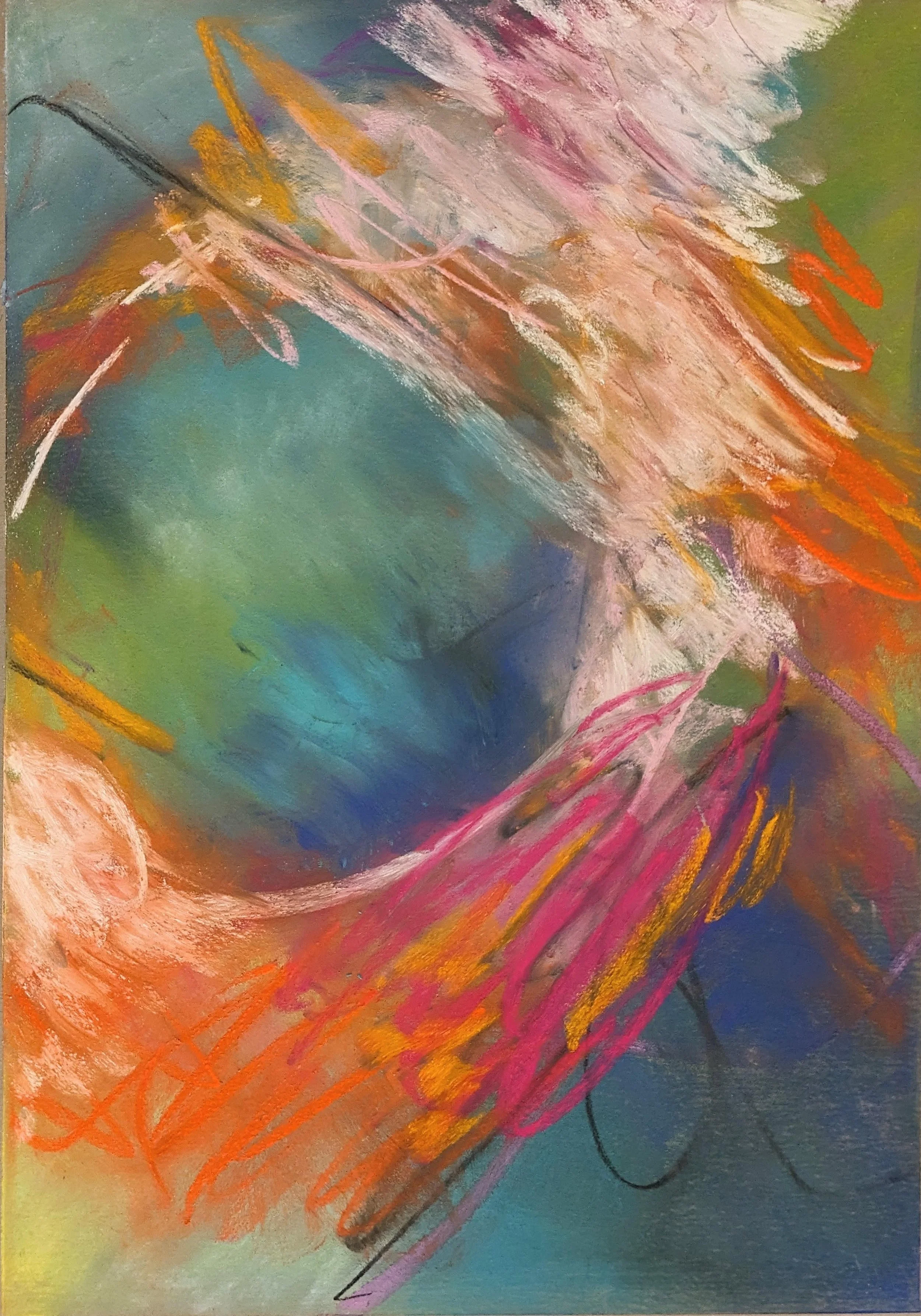 Abstract colorful painting with swirling strokes of orange, pink, green, blue, purple, black, yellow, and white.