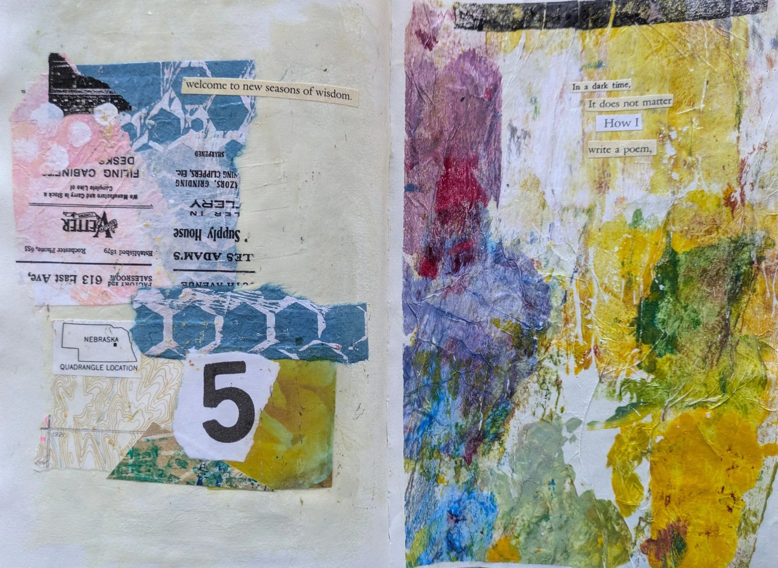 A collage of torn paper, textured paint, and mixed media art. On the left, torn paper pieces include a map of Nebraska, a train ticket, a pattern with hexagons, and a number five. On the right, there is a painted background with swatches of yellow, p