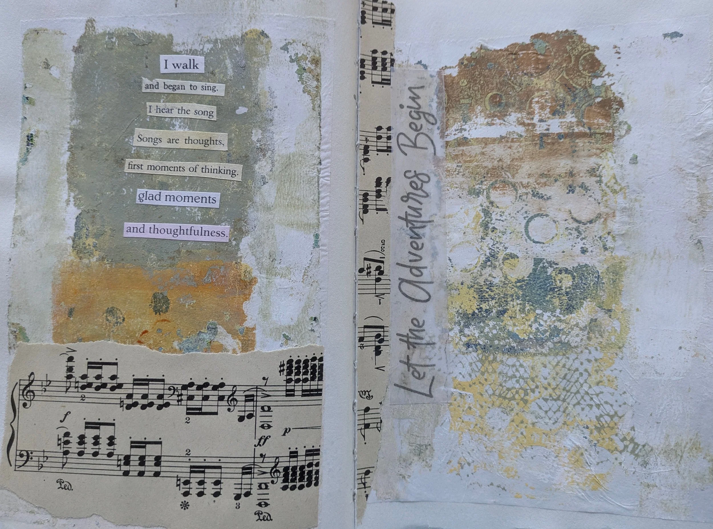 Mixed media artwork featuring torn music sheet and paper with typed and handwritten text. The left side has a textured background with adjacent typed lines reading: 'I walk and began to sing. I hear the song Songs are thoughts, first moments of think