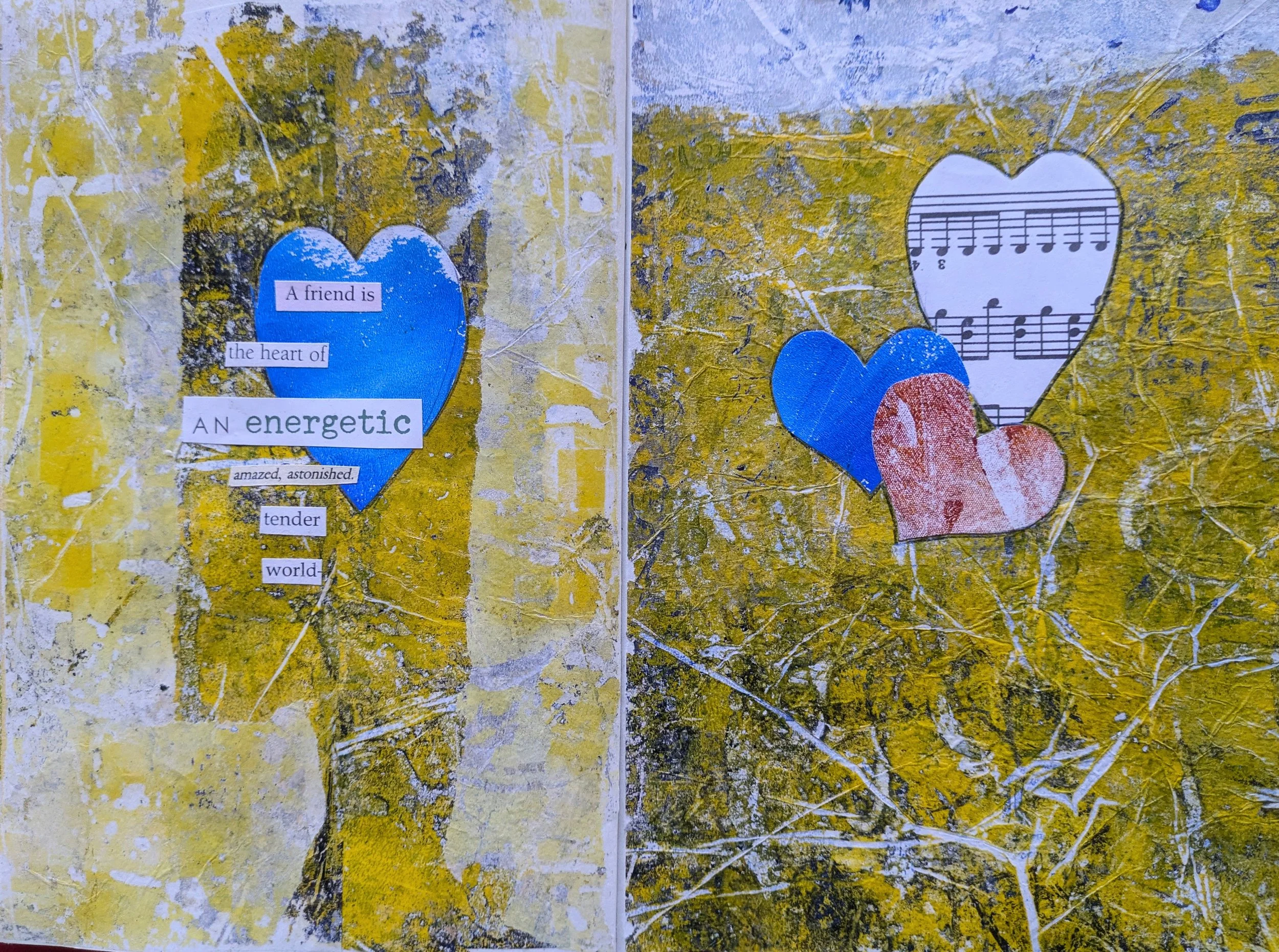 Two handmade collages on yellow textured backgrounds. The left collage features a large blue heart with cut-out words describing a friend as 'a friend is the heart of an energetic, amazed, astonished, tender world.' The right collage has three smalle
