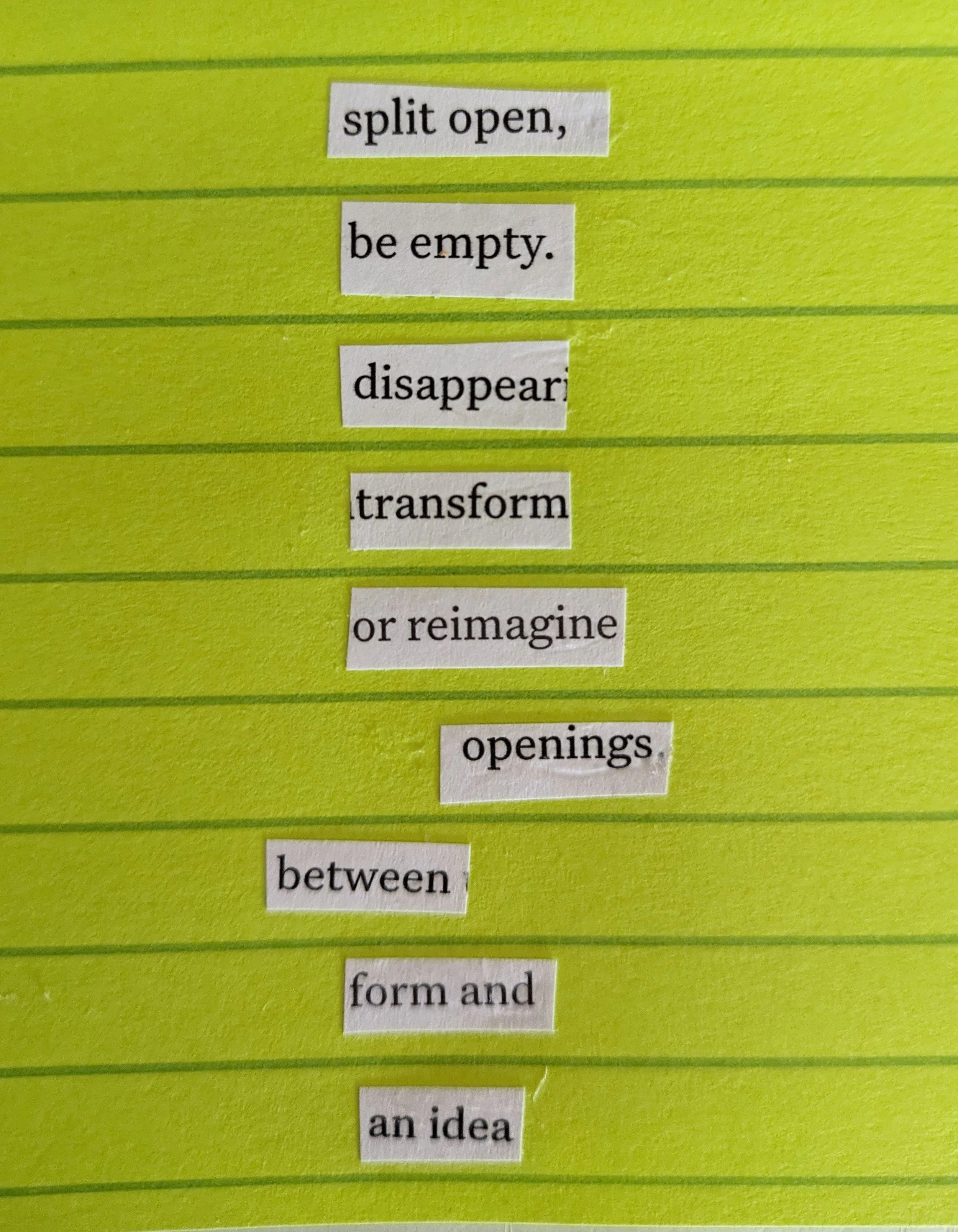 A passage of text with instructions about transformation or reimagining ideas, printed on bright green lined paper.