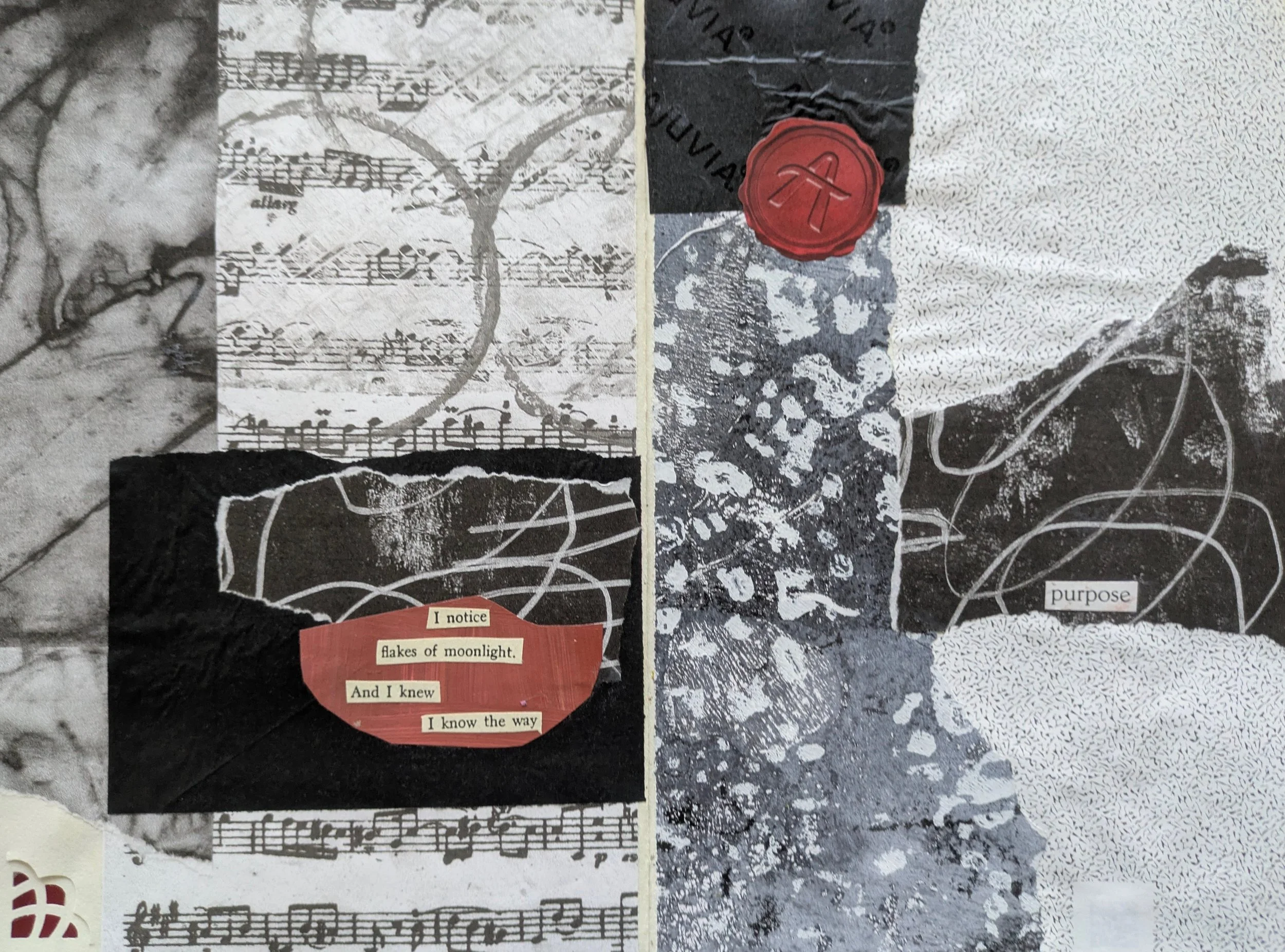 A collage of black, white, and gray textured paper with music notes, a red wax seal, and a red torn paper with a print of lyrics. The words "purpose" and a small text label "I notice flakes of moonlight. And I knew I know the way" are included.