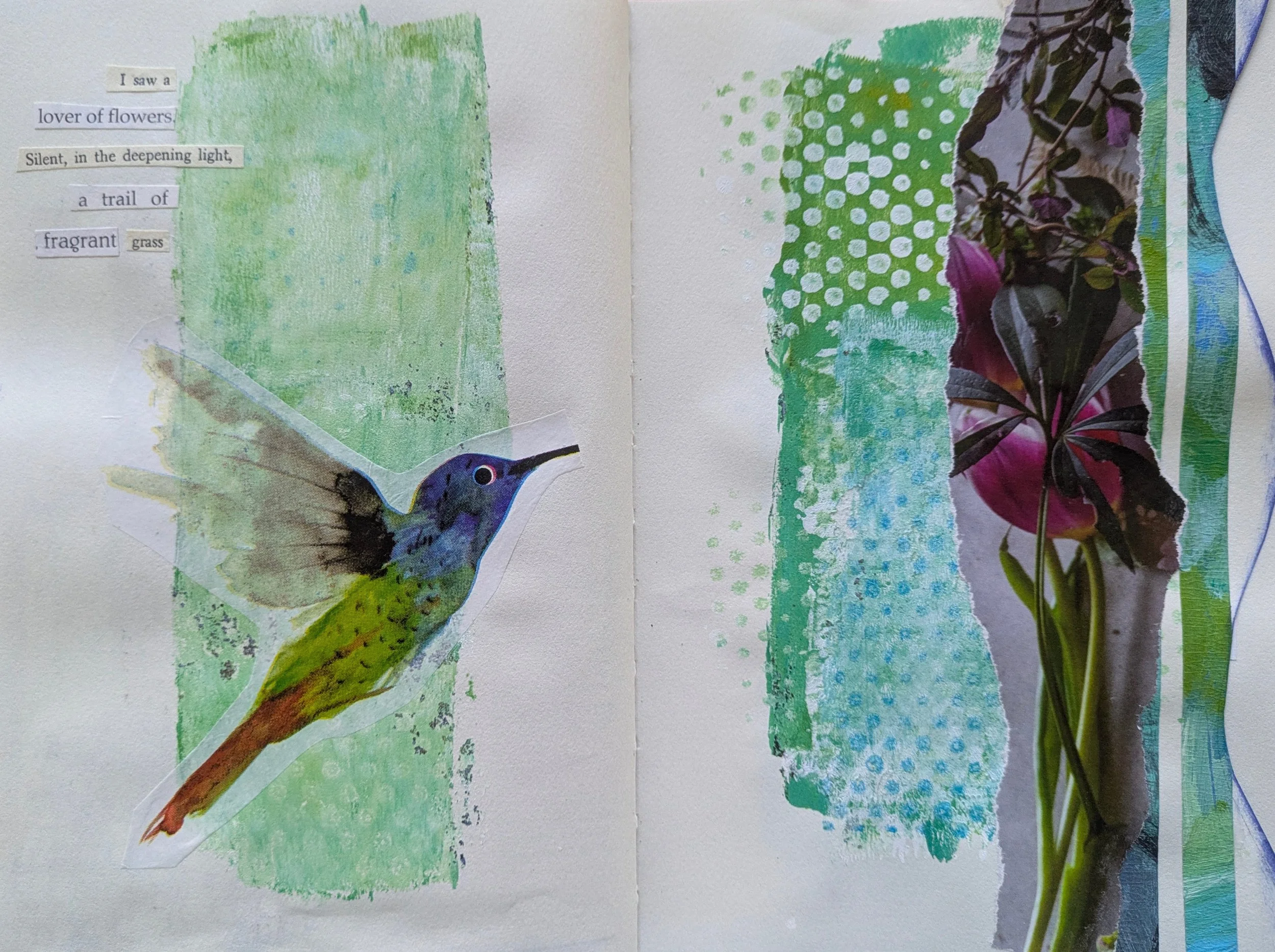 Collage of green painted backgrounds, a cutout of a hummingbird sticker, and an image of purple flowers with green stems.