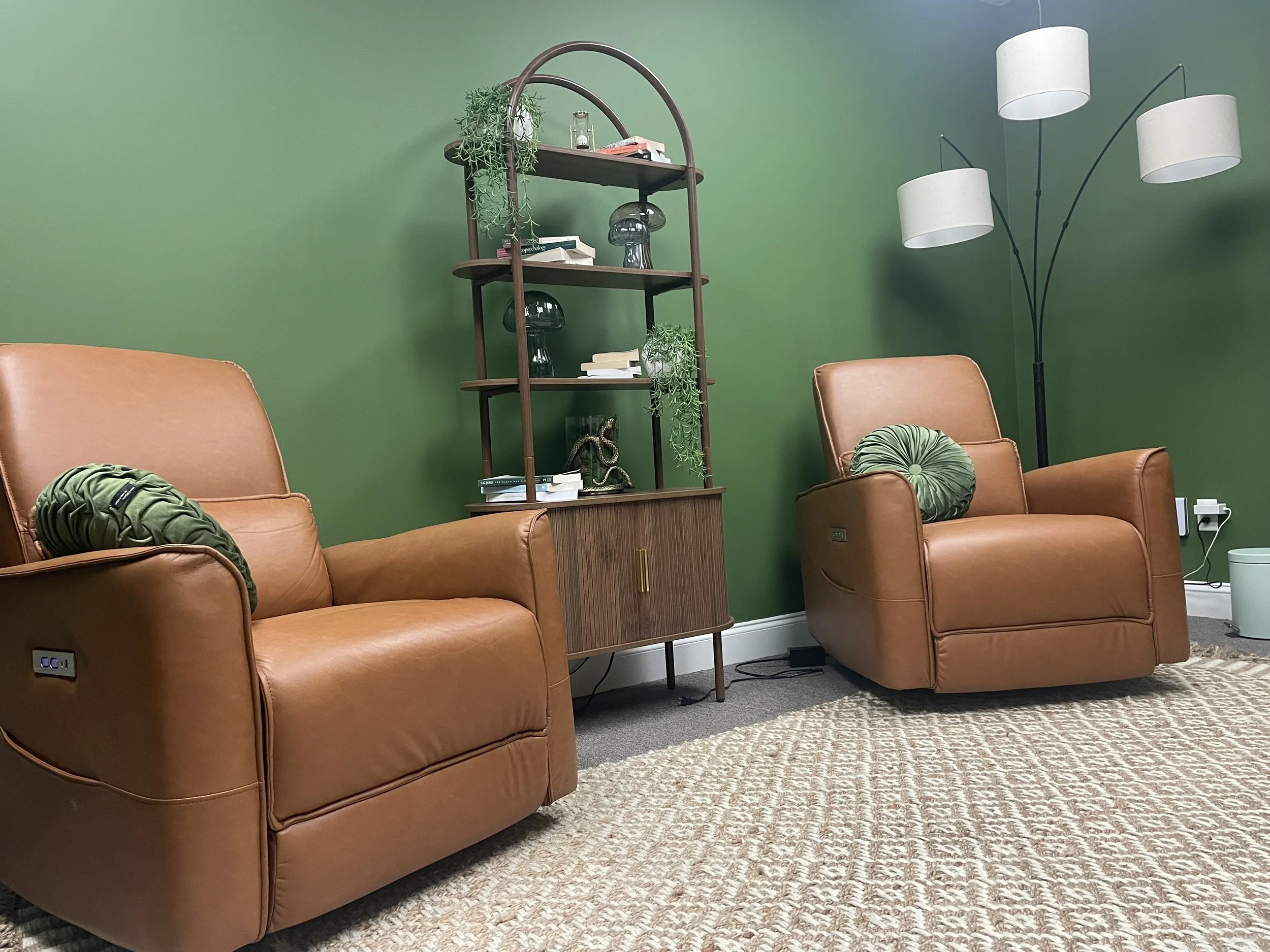 Living room with green wall, two brown leather armchairs with green round pillows, a wooden bookshelf with decorative items, and a multi-lamp floor light.