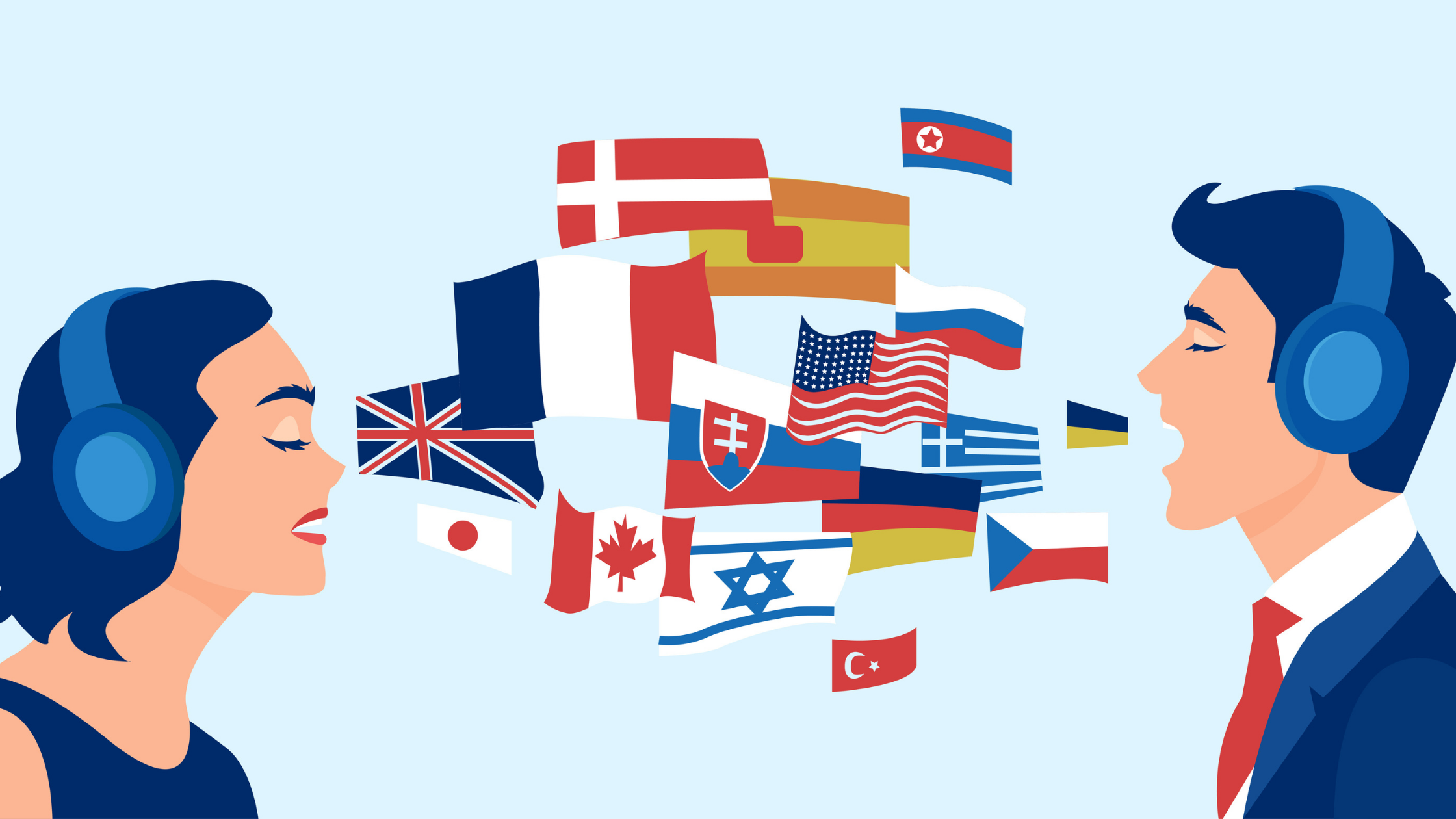 Two women with closed eyes wearing headphones facing each other, surrounded by flags of various countries.