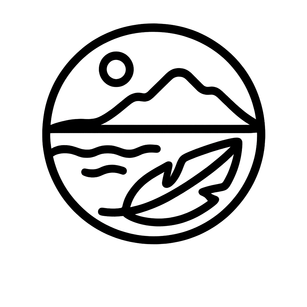 Line art illustration of a circular landscape with mountains, water, a leaf, and a sun or moon.