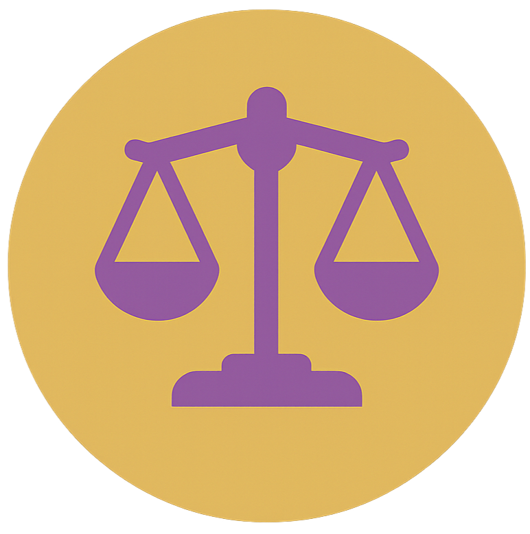 Purple scales of justice icon on a yellow circular background.