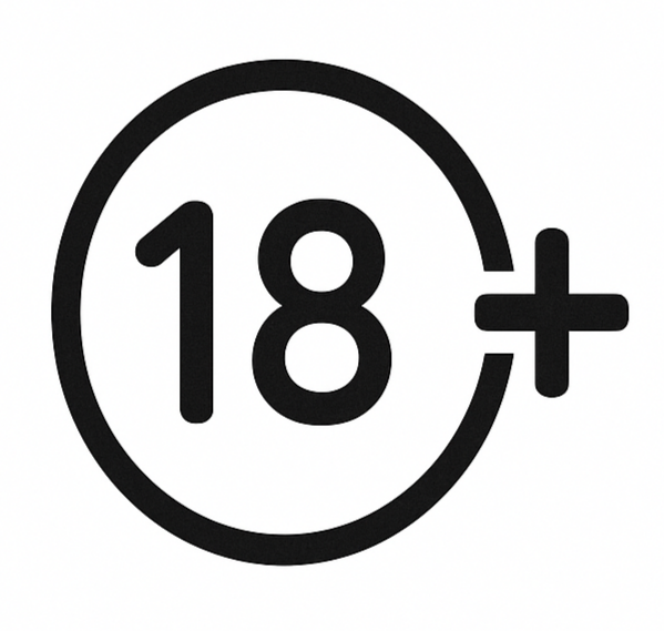An 18+ age restriction symbol in black and white with a circular outline and a plus sign.