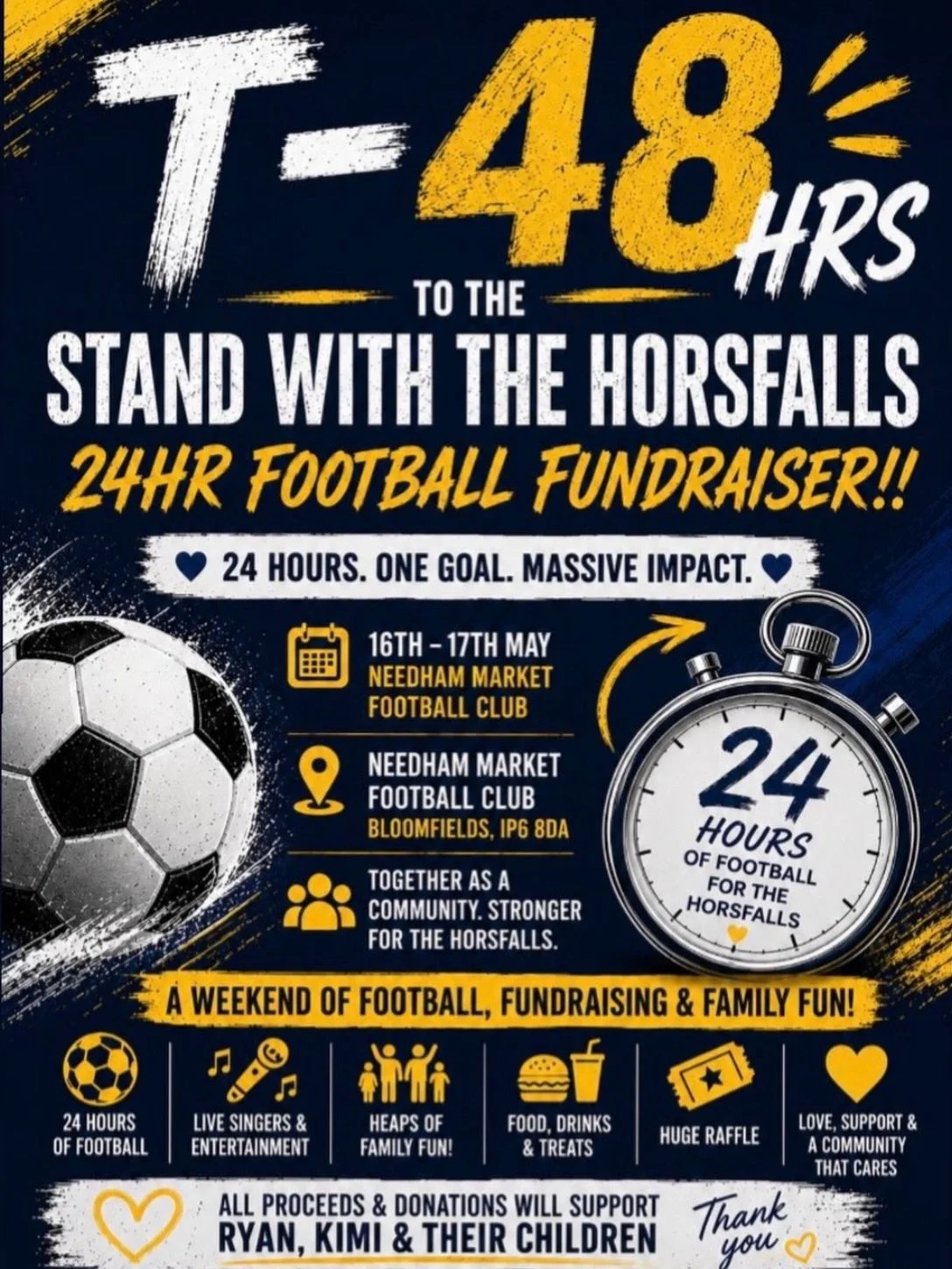 Saturday 16th May, come on down to @needham_marketfc  and show your support towards the Horsfall Family.

It&rsquo;s going to be a great day filled with fun, plenty to do for both kids and adults, and a chance to enjoy everything our amazing communit