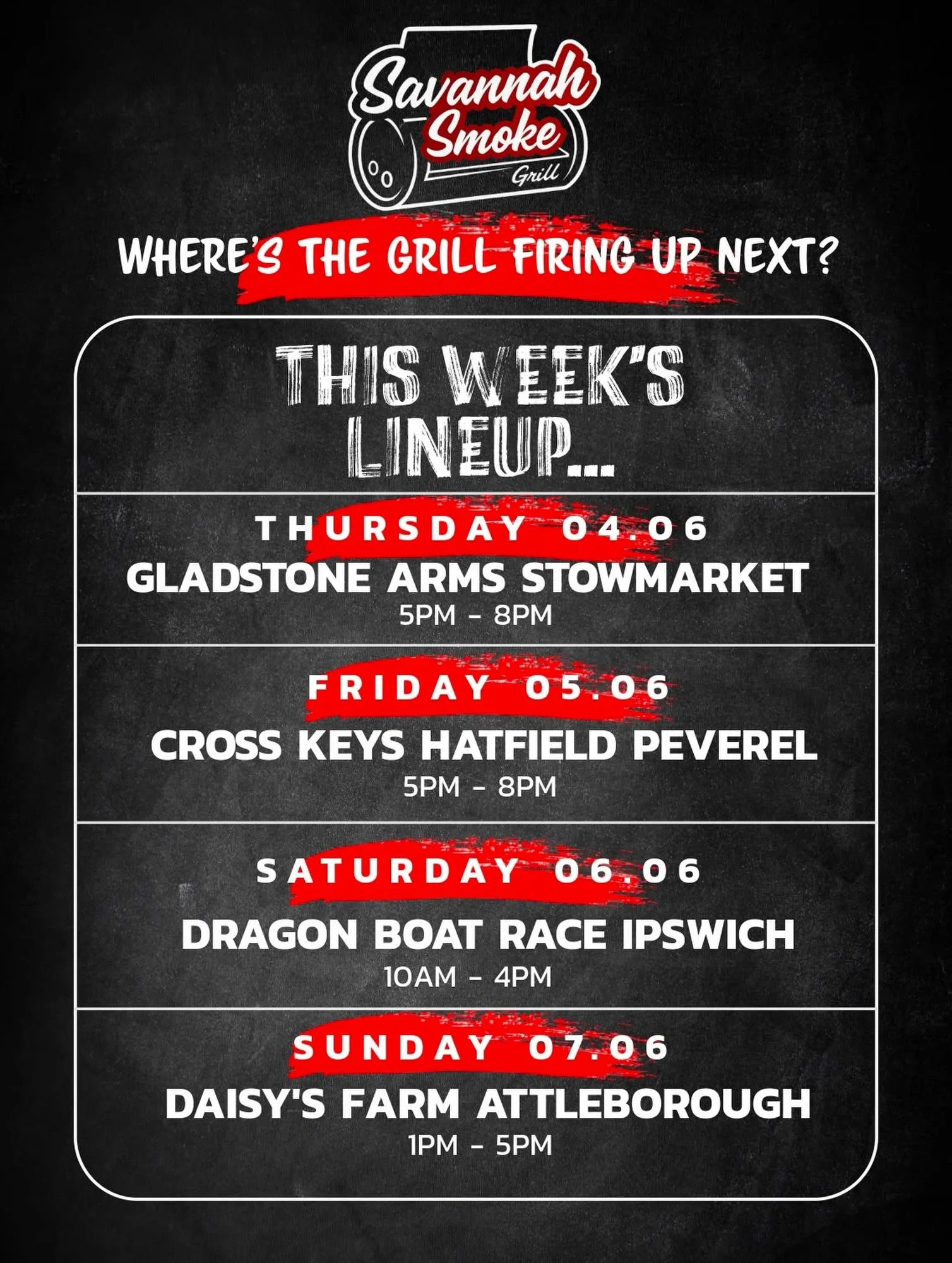 Where to catch the grill this weekend ? ❤️🔥

#suffolk #stowmarket #essex #norfolk #savannahsmokegrill