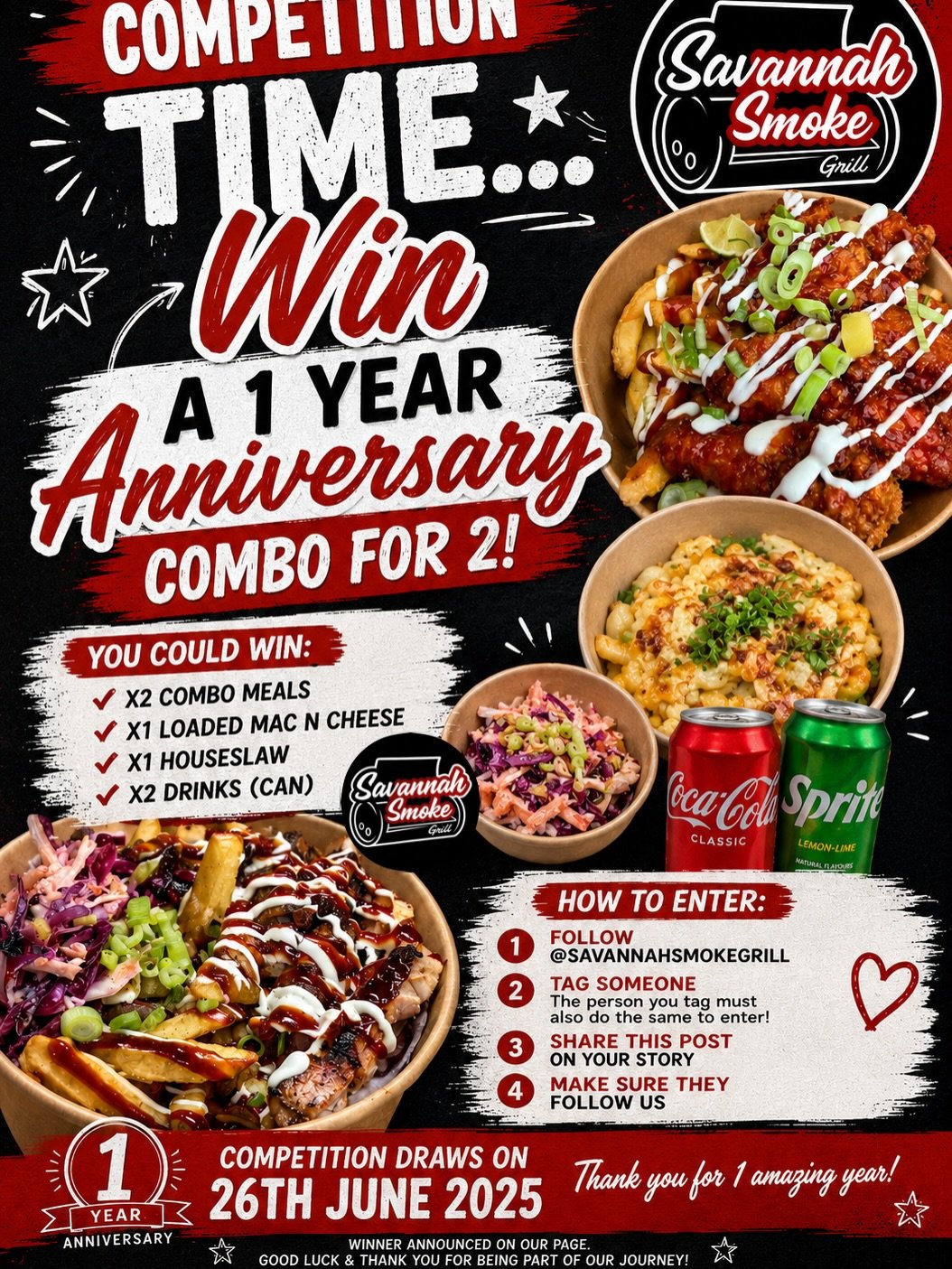 🎉 SAVANNAH SMOKE GRILL &ndash; 1 YEAR ANNIVERSARY GIVEAWAY! 🎉

We can&rsquo;t believe it&rsquo;s been almost a year since we fired up the grill and started serving our amazing customers. To celebrate our 1st Anniversary, we&rsquo;re giving one luck