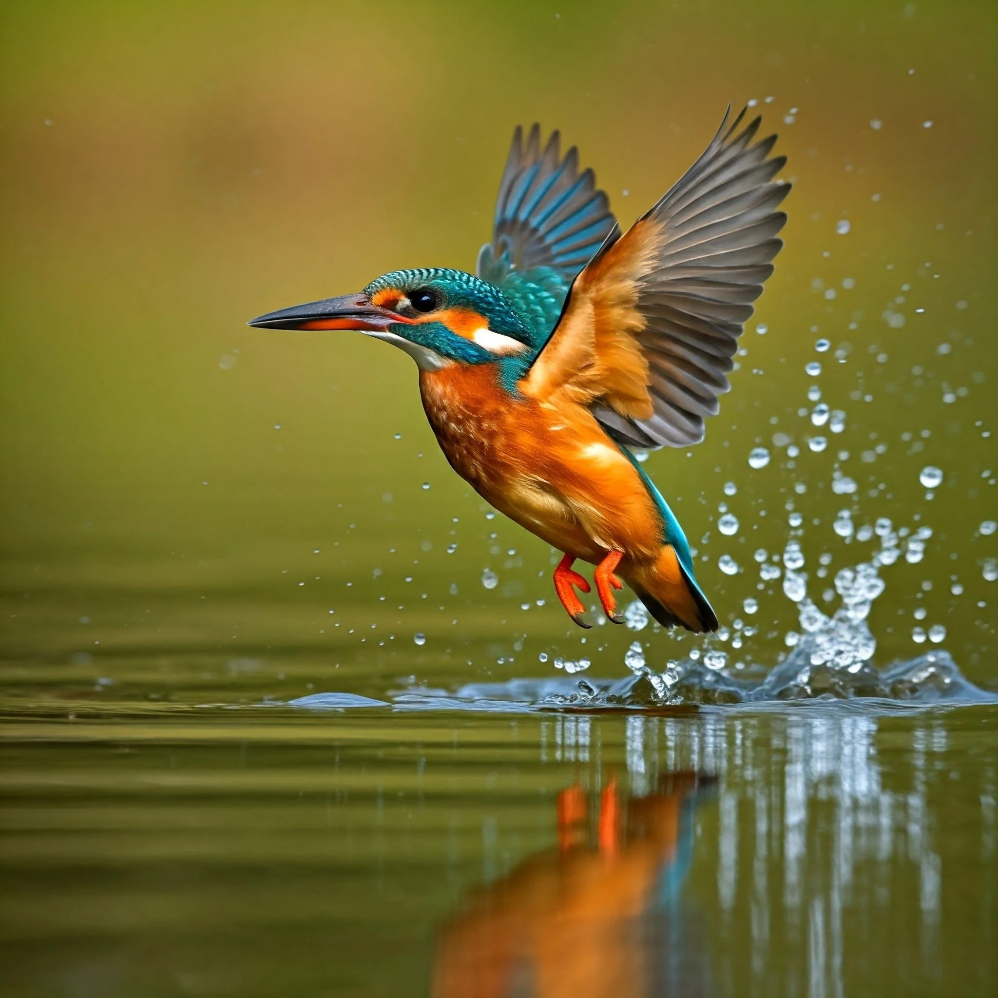 A colorful kingfisher bird taking off from a body of water, with wings spread and water droplets around.