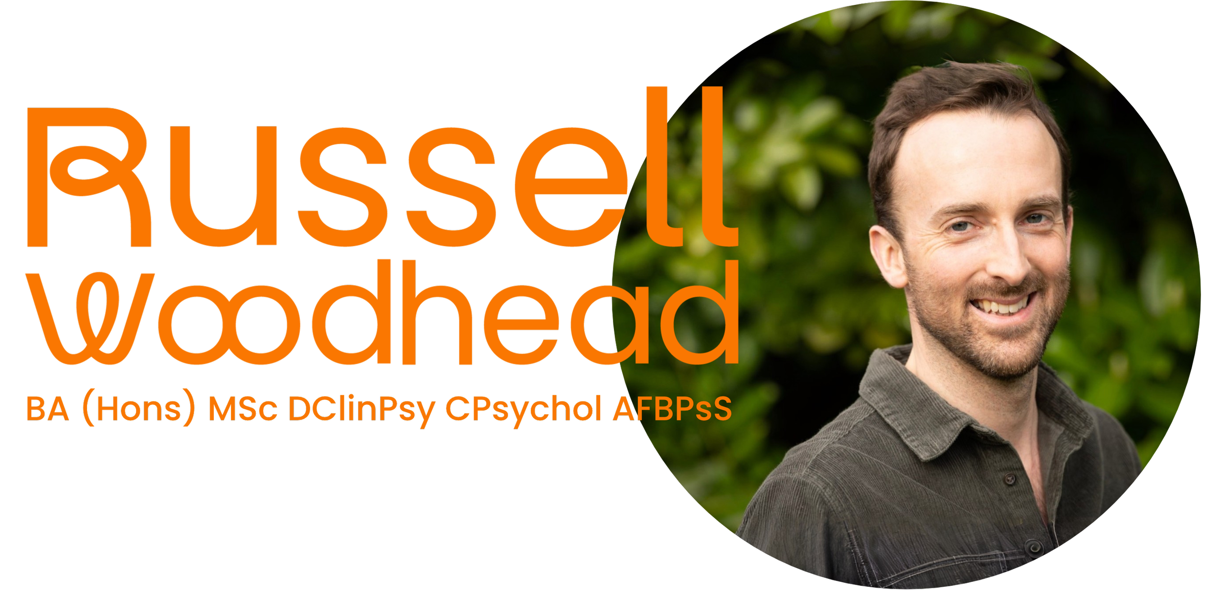 A man smiling outdoors with green foliage in the background, with overlaid text reading 'Russell Woodhead' and educational credentials below.