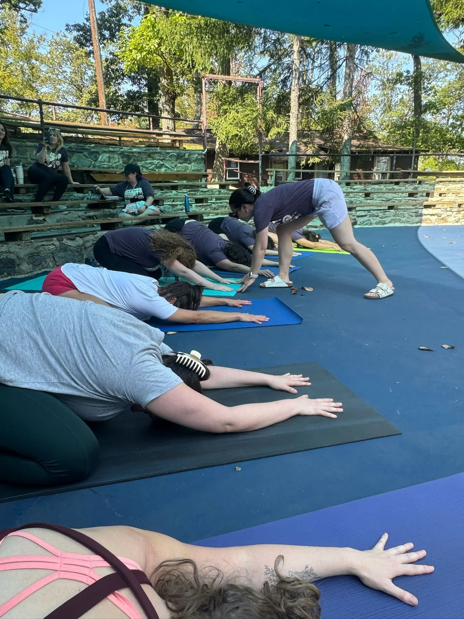 Group of people practicing yoga outdoors on mats, in a pose with bodies stretched forward and arms extended.