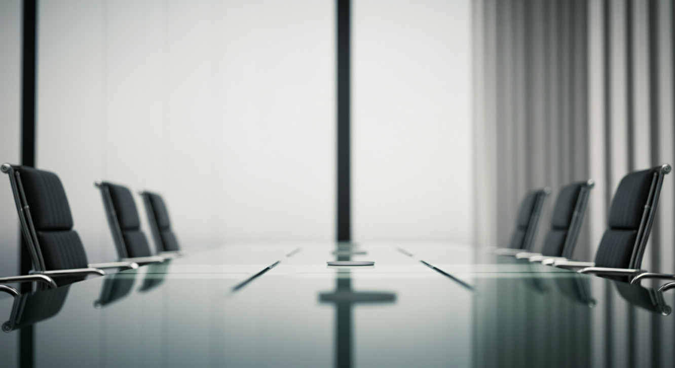 Empty conference room with a long glass table and black office chairs on each side.
