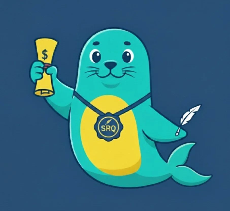 Cartoon character of a seal with a yellow belly, holding a dollar bill in one flipper and a quill in the other, wearing a badge with 'SRQ' on it.