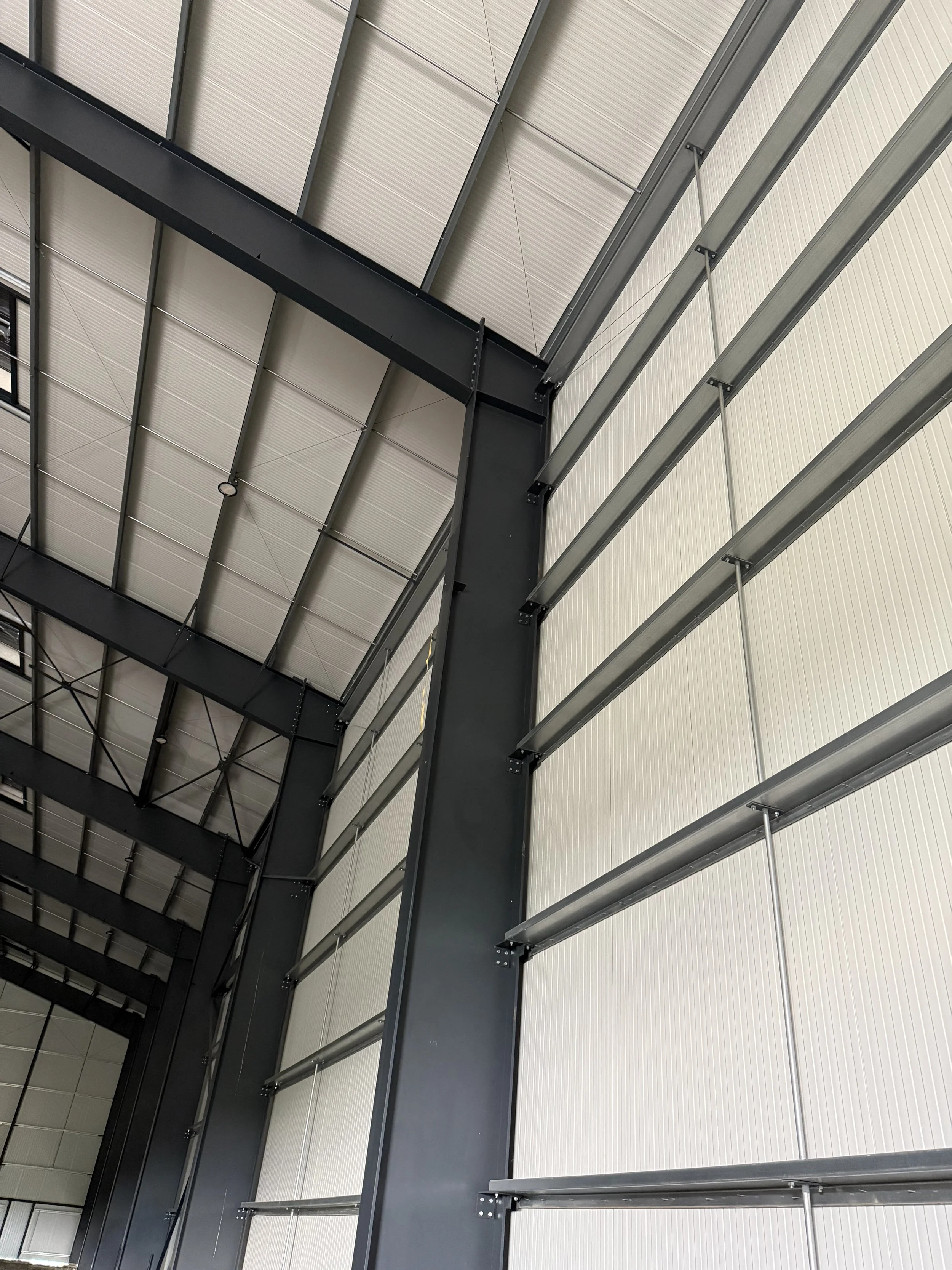Interior view of an industrial building showing steel framework and wall panels.