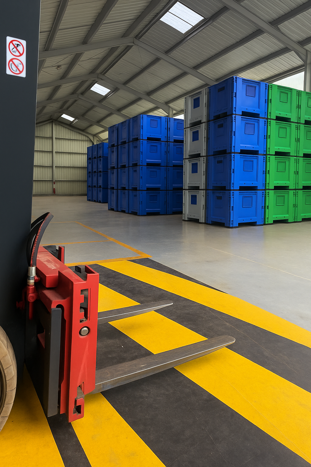 Stacked blue, green, and gray storage crates inside a warehouse with a high ceiling and skylights