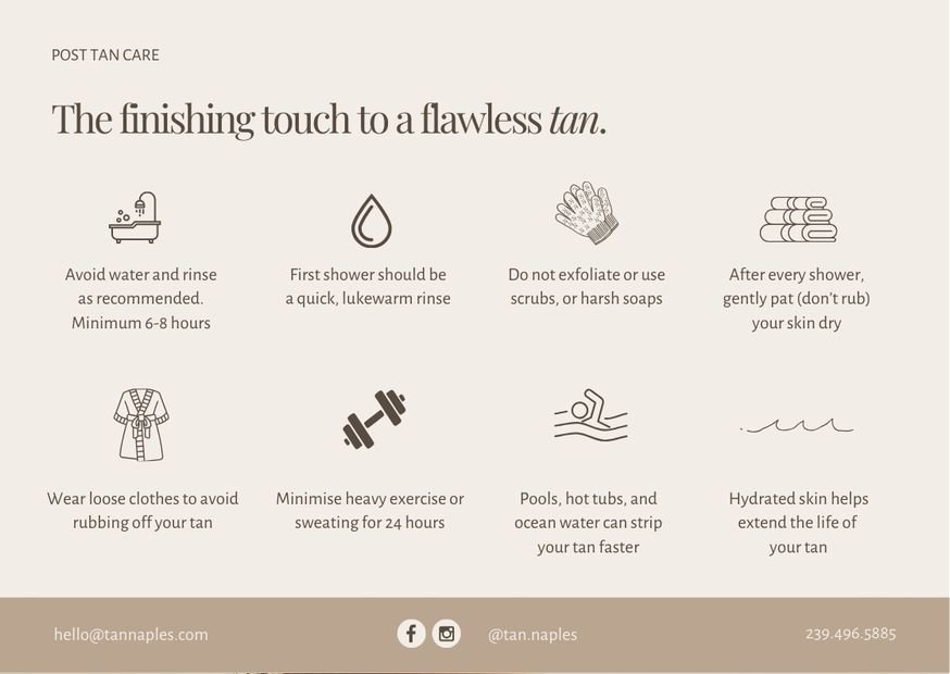Guide with tips for achieving a flawless tan, including avoiding water, quick shower, no harsh products, pat skin dry, wear loose clothes, exercise lightly, use pools or ocean water, and keep skin hydrated. naples florida