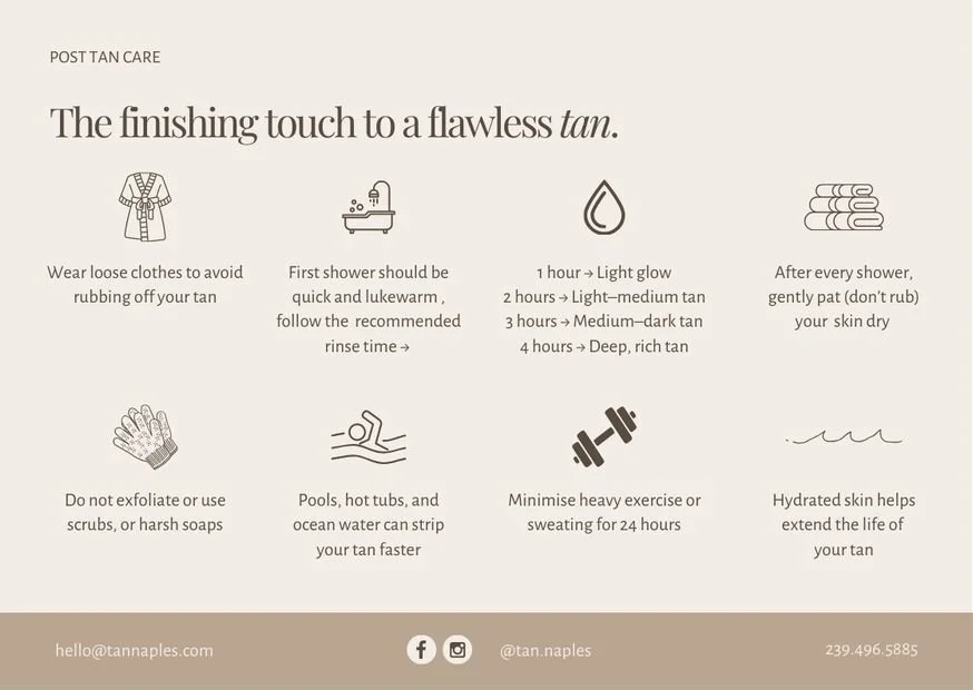 A skincare instruction guide titled 'The finishing touch to a flawless tan' showing tips on maintaining a tan, including wearing loose clothes, quick shower, proper rinse times for different tan shades, avoiding exfoliation, bathing in pools or hot tubs, exercising sparingly, and hydrating skin.