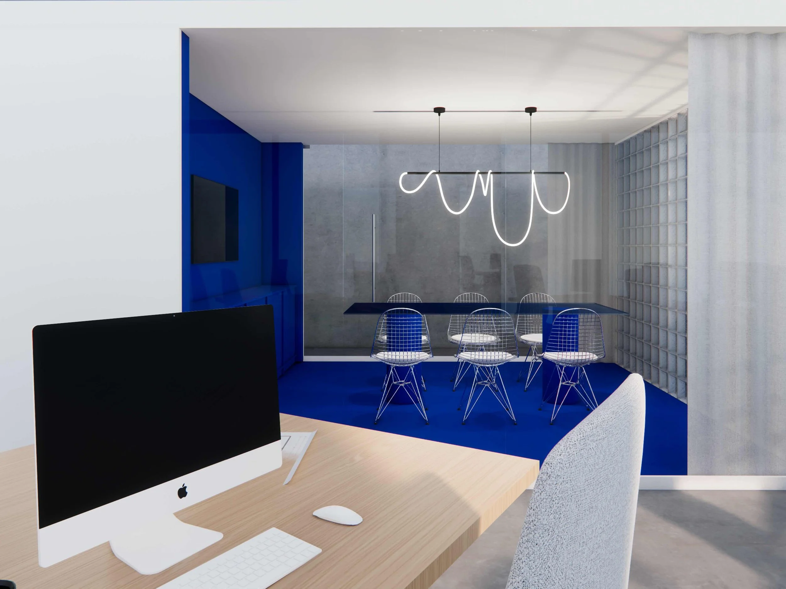 Gedetailleerd materiaalplan en lichtstudie voor een minimalistisch kantoor of woning in regio Leuven.