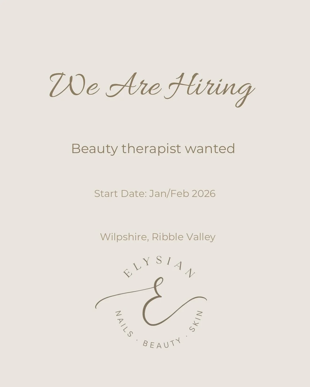 ☁️🤍We&rsquo;re Hiring &ndash; Beauty Therapist 🤍☁️
We&rsquo;re looking for a qualified beauty therapist to join our team at Elysian Beauty in the Ribble Valley early next year (January/February 2026).

Experience is preferred as-well as a passion f