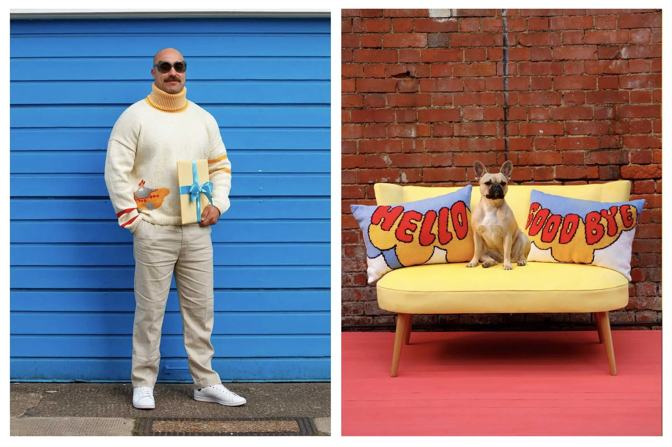 Yellow sub sweater and hello goodbye cushion photographed by Studio68b.com