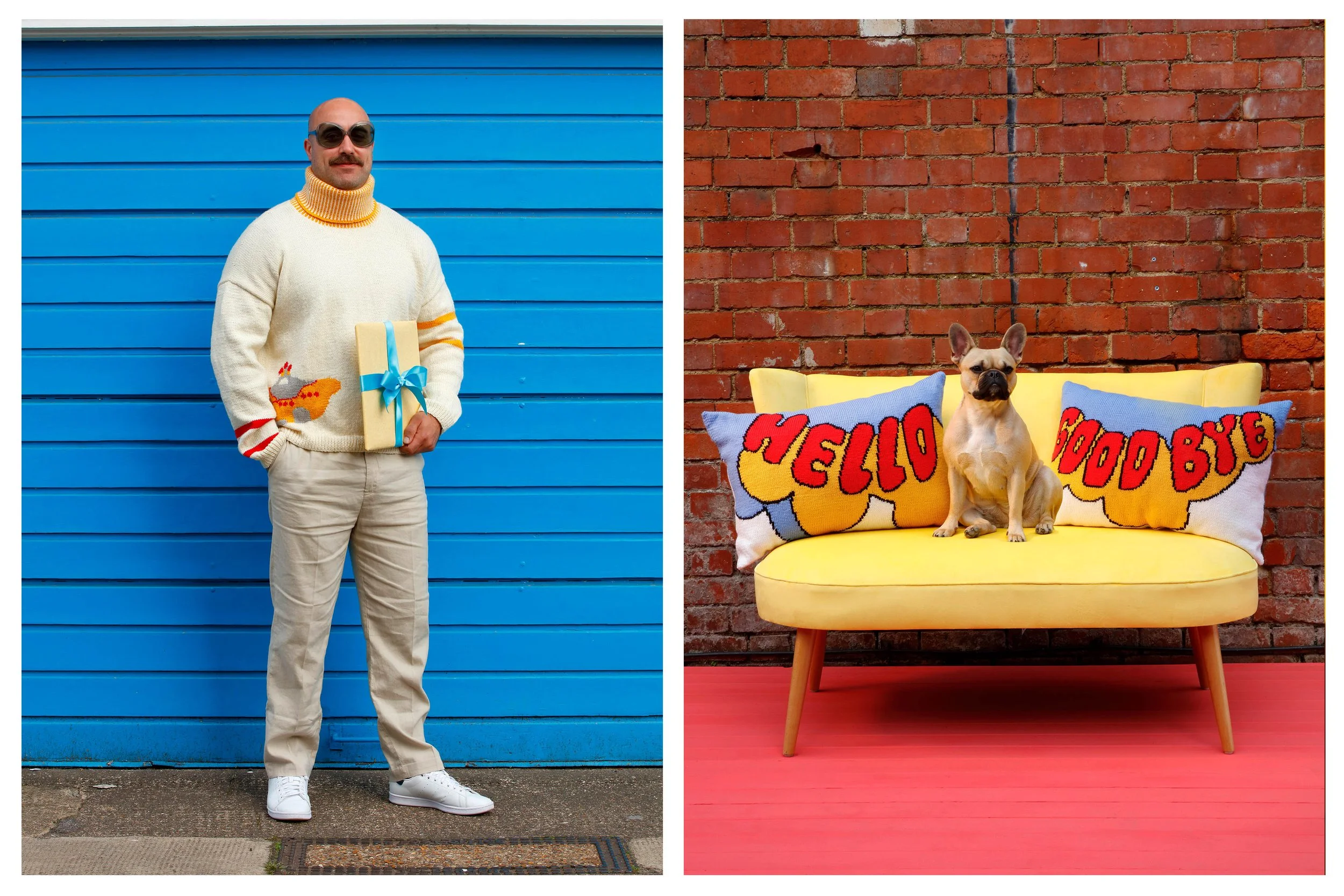 The Beatles Yellow sub sweater and Hello Goodbye cushions