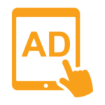 Icon of a hand clicking on a tablet with the letters 'AD' on the screen.