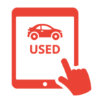 Red tablet with a used car icon and a pointing hand