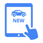 Icon of a hand touching a tablet screen displaying a car and the word 'NEW'.