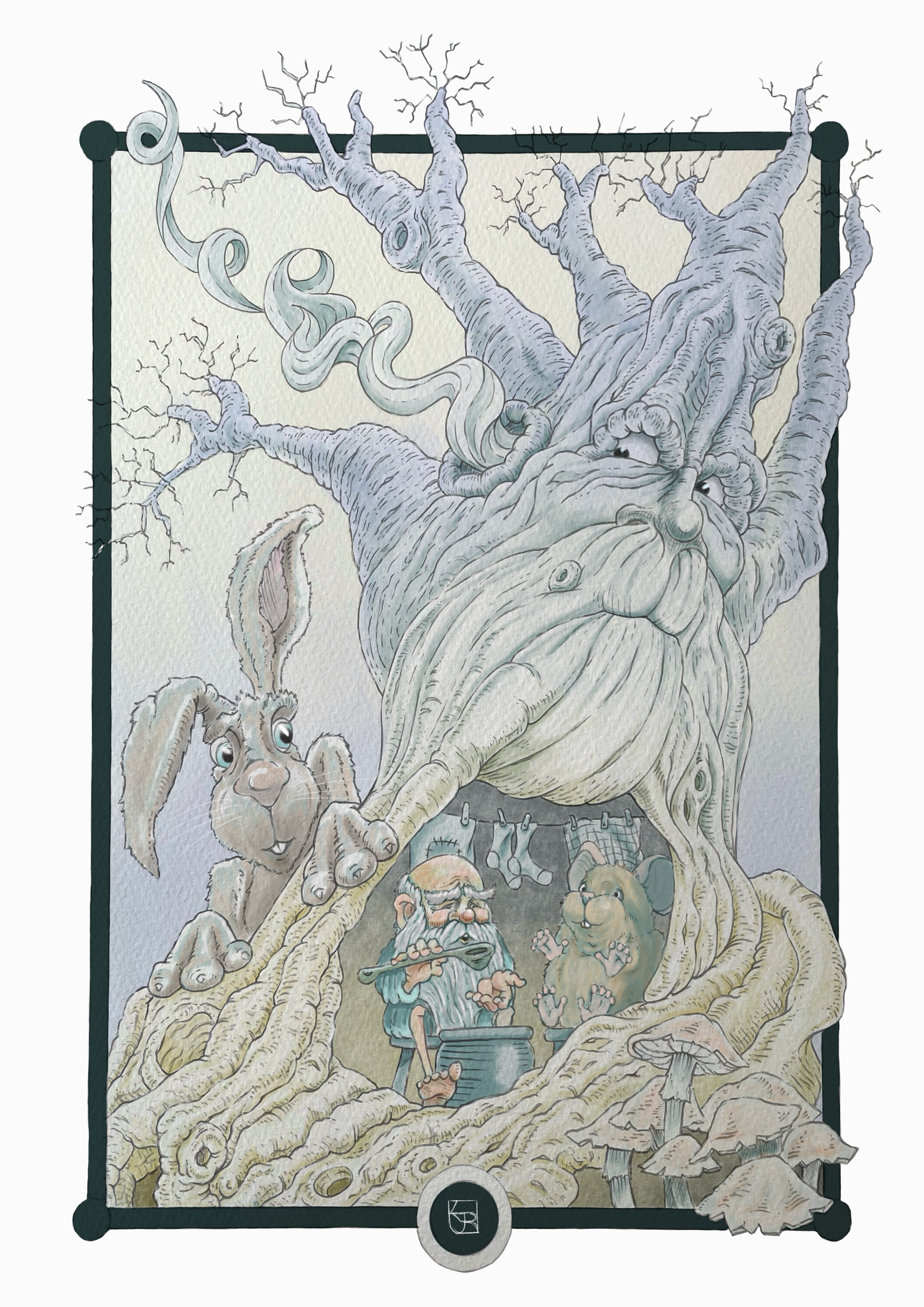 Size A3 water colour paper 300gsm cold press, pencils and digital painting. In The Tree shows an old tree hosting a gnome and his dormouse companion as a curious Hare looks on