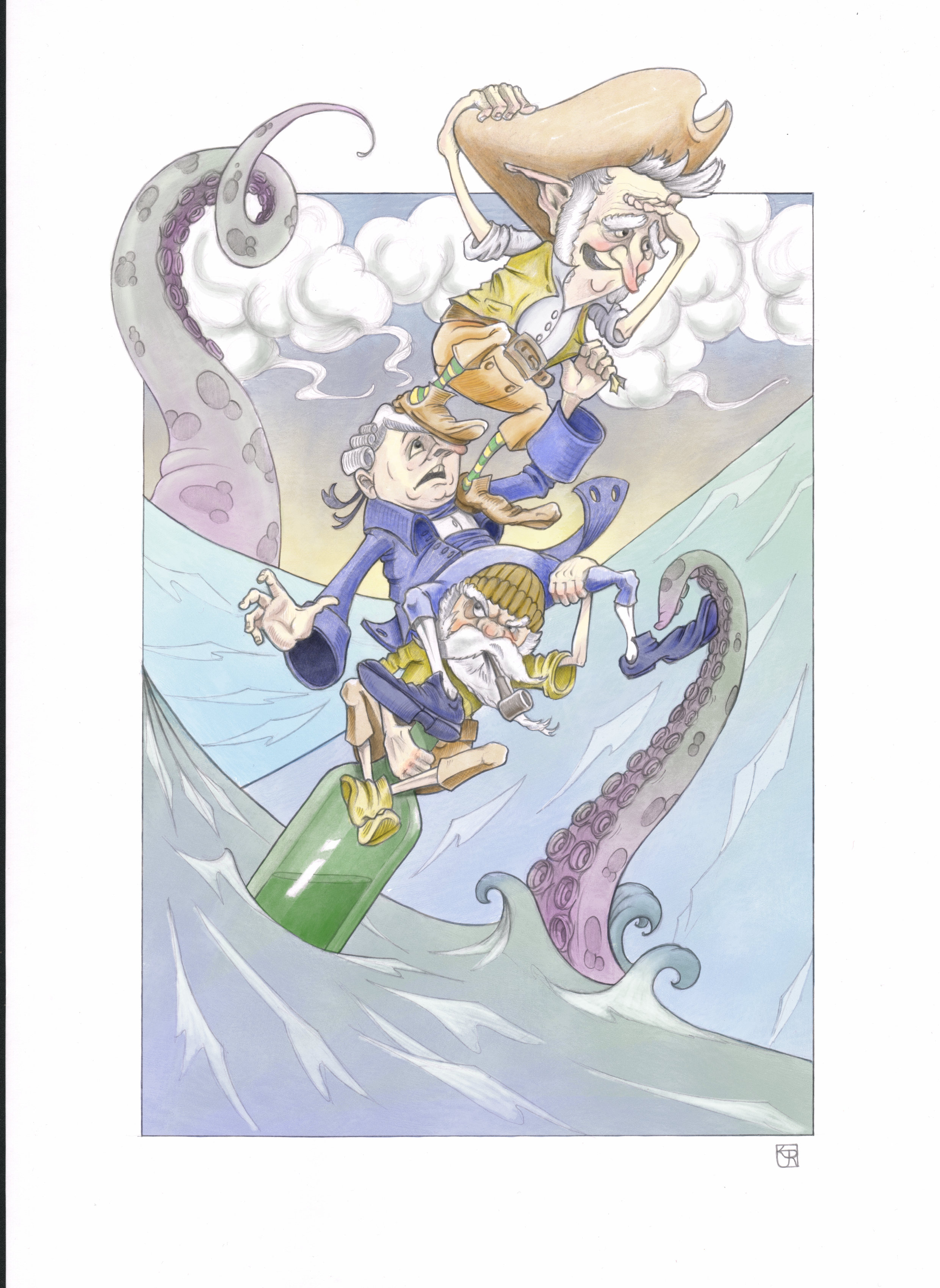 Size A4 pencils on Bristol Board, digital painting. Precarious depicts a perilous sea journey for 3 shipwrecked souls