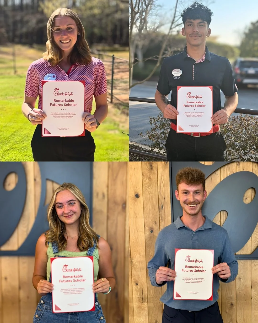 🎓 Celebrating Our Remarkable Futures Scholarship Recipients!

We are so proud to recognize our very own team members who have been awarded the Chick-fil-A Remarkable Futures Scholarship! This program has been investing in the futures of Chick-fil-A 