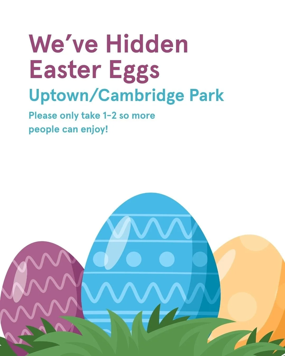 Our cows have been busy. We've hidden Easter eggs at Uptown/Cambridge Park &mdash; each one packed with a Be Our Guest card for a Chick-fil-A treat on us. All we ask? Take 1&ndash;2 and leave some for the next family. Happy Easter, Greenwood. 🐣