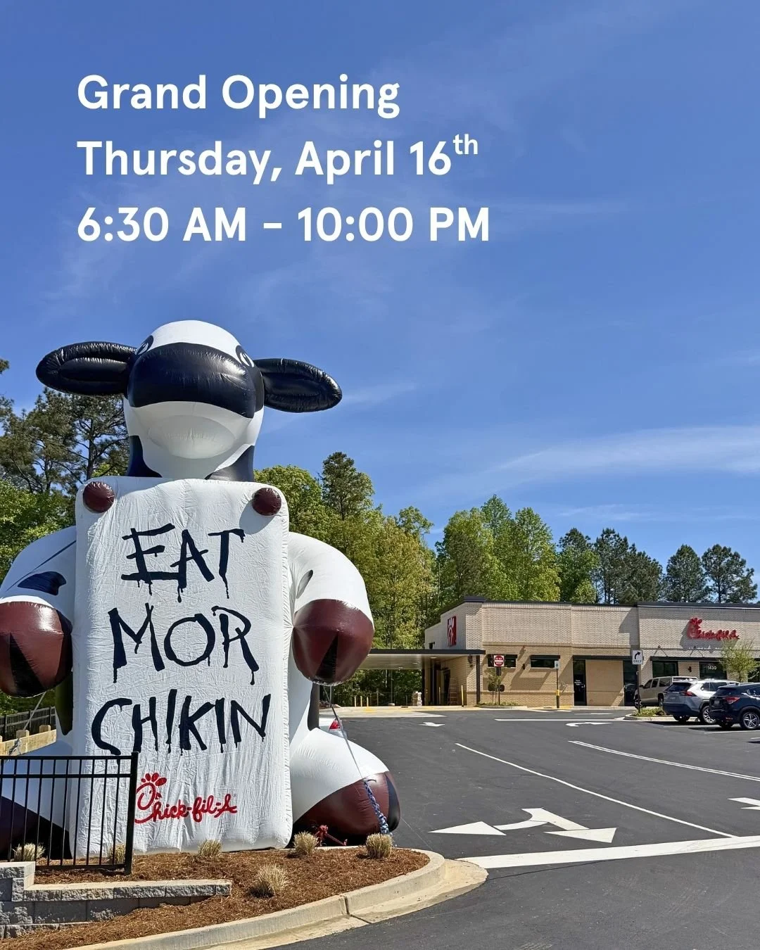The wait is OVER, Greenwood! We're opening our doors Thursday, April 16th from 6:30 AM &ndash; 10:00 PM. Come see us &mdash; the Cow can't wait to meet you! 🐔