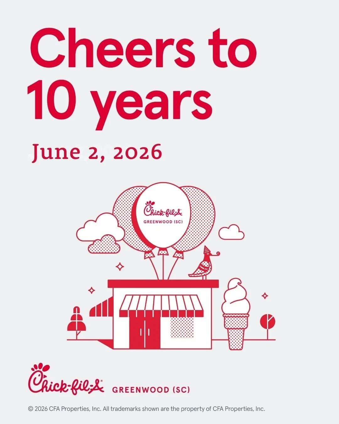 Our mall location turns 10 on June 2nd! Help us celebrate by stopping by to grab your favorite Chick-fil-A food, and you may win a surprise as well as a visit from a certain cow! Thank you for your loyalty and friendship for the past 10 years!