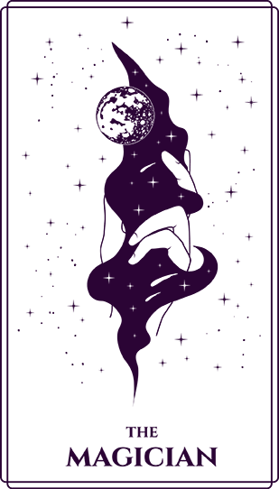 Illustration of a mermaid holding a sword, with a full moon and stars in the background. Text reads 'The Magician' at the bottom.