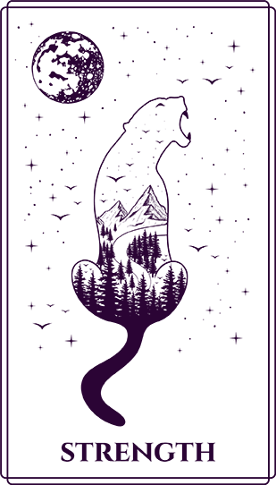 A tarot card titled 'Strength' featuring a lion with a mountain landscape in the background, a full moon, stars, and flying birds in a dark purple and black color scheme.