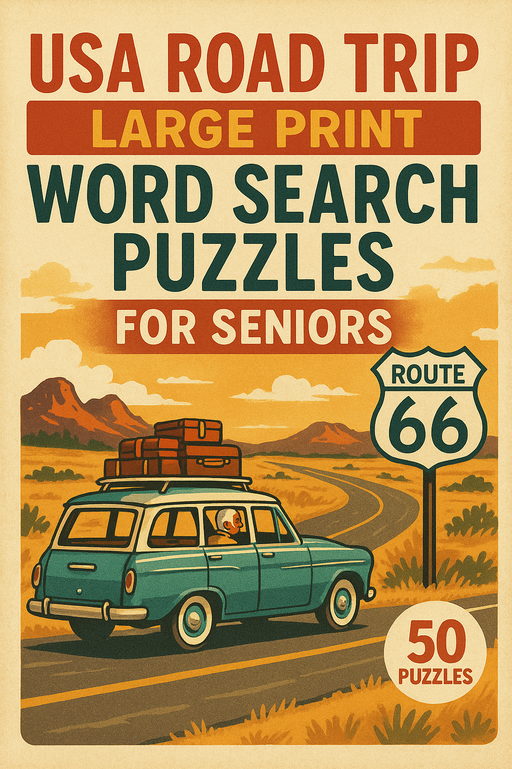 Vintage style poster advertising a book of USA road trip activities for seniors, including large print word search puzzles, crossword puzzles, and more, with Route 66 sign and a car driving on a desert highway.