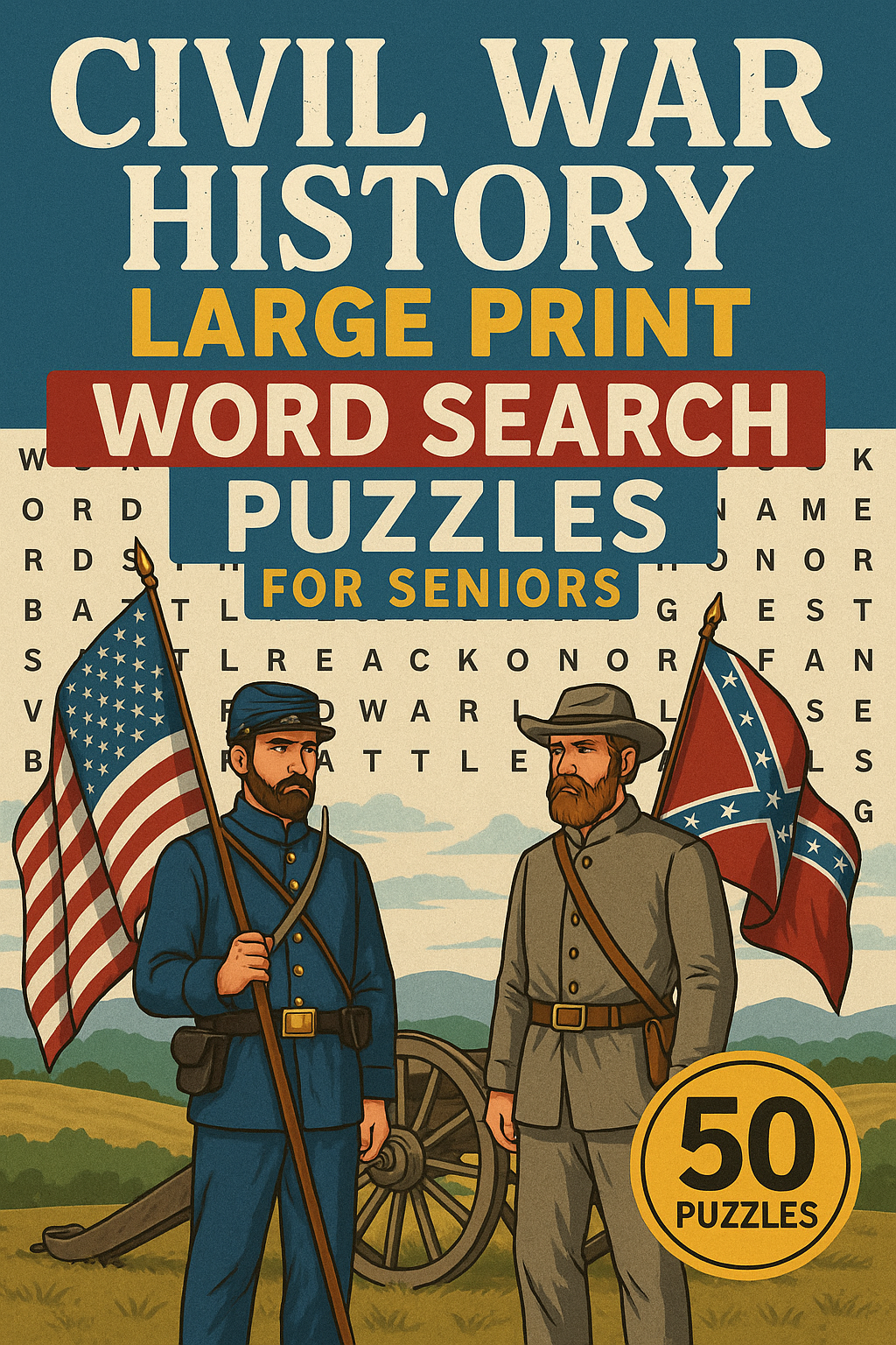 A book cover titled 'Civil War History Large Print Word Search Puzzles for Seniors'. The cover features illustrated Civil War soldiers, one holding an American flag and the other a Confederate flag, with a background of rolling hills and a cloudy sky, and a large yellow circle indicating 50 puzzles.