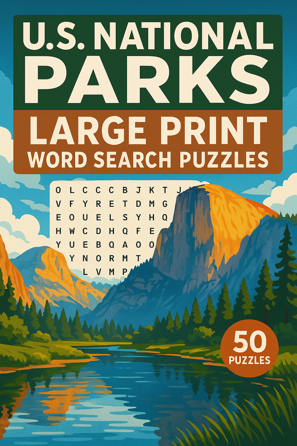 Cover of a word search puzzle book titled 'U.S. National Parks Large Print Word Search Puzzles' featuring a scenic mountain landscape with trees, a river in the foreground, and a circle indicating 50 puzzles.