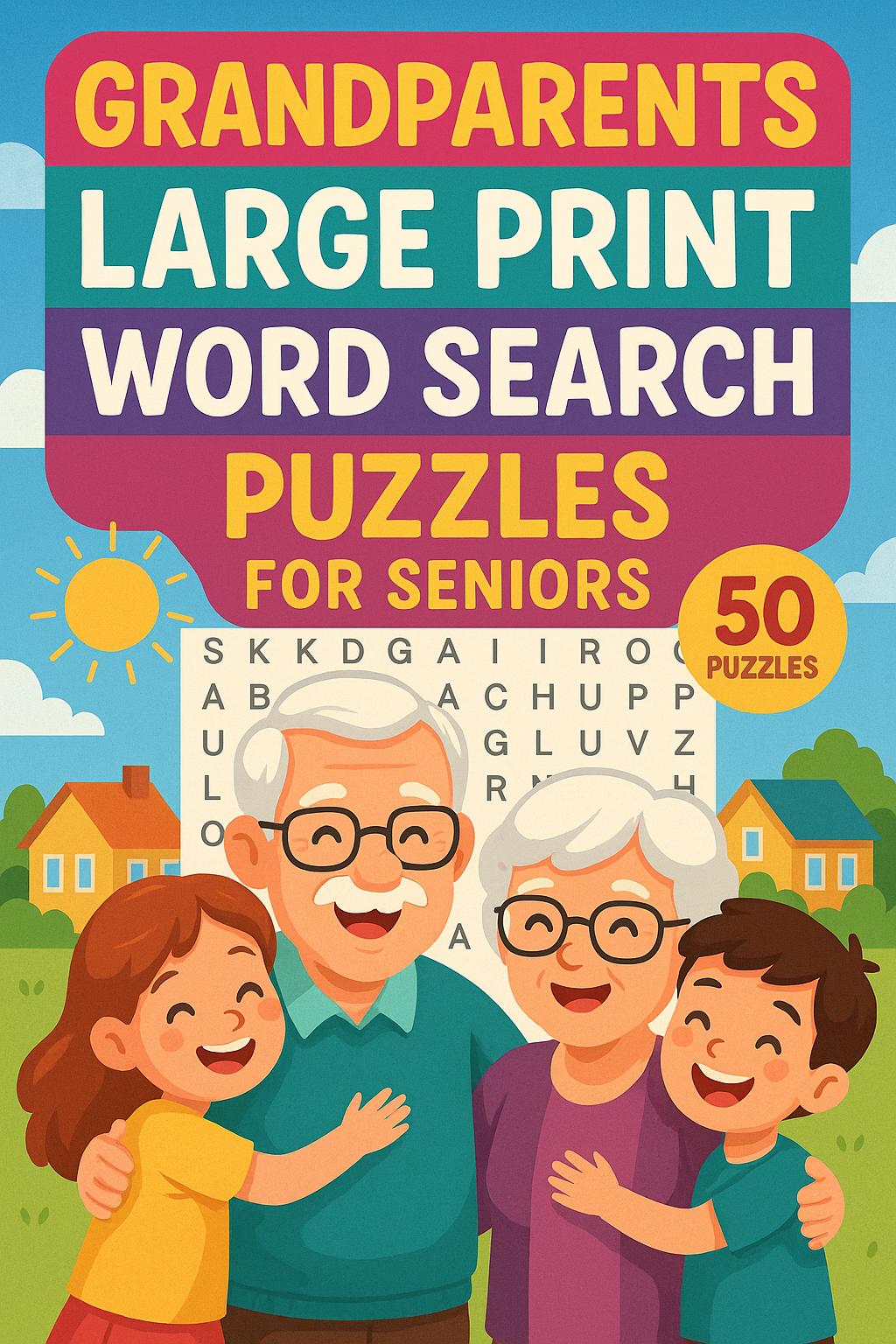 Cover of a puzzle book titled 'Grandparents Large Print Word Search Puzzles for Seniors,' featuring an illustration of a happy intergenerational family outdoors, with green trees, houses, a sunny sky, and a word search puzzle in the background.