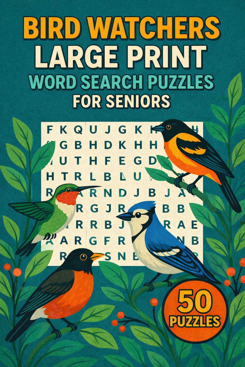 Cover of a puzzle book titled 'Bird Watchers Large Print Word Search Puzzles for Seniors' featuring illustrated birds and a large word search grid, with a circular label indicating 50 puzzles.