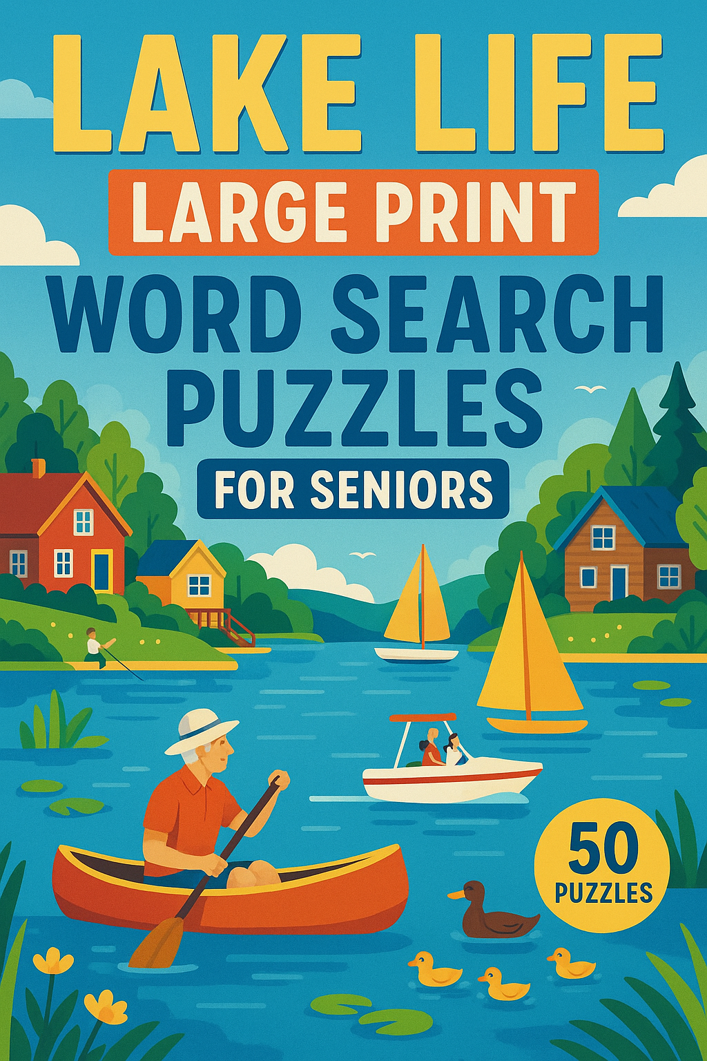 Colorful cover of a puzzle book featuring a lakeside scene with boats, a person kayaking, a person fishing, houses, trees, clouds, and ducks, with large text stating 'Lake Life Large Print Word Search Puzzles for Seniors' and a yellow circle indicating '50 Puzzles'.